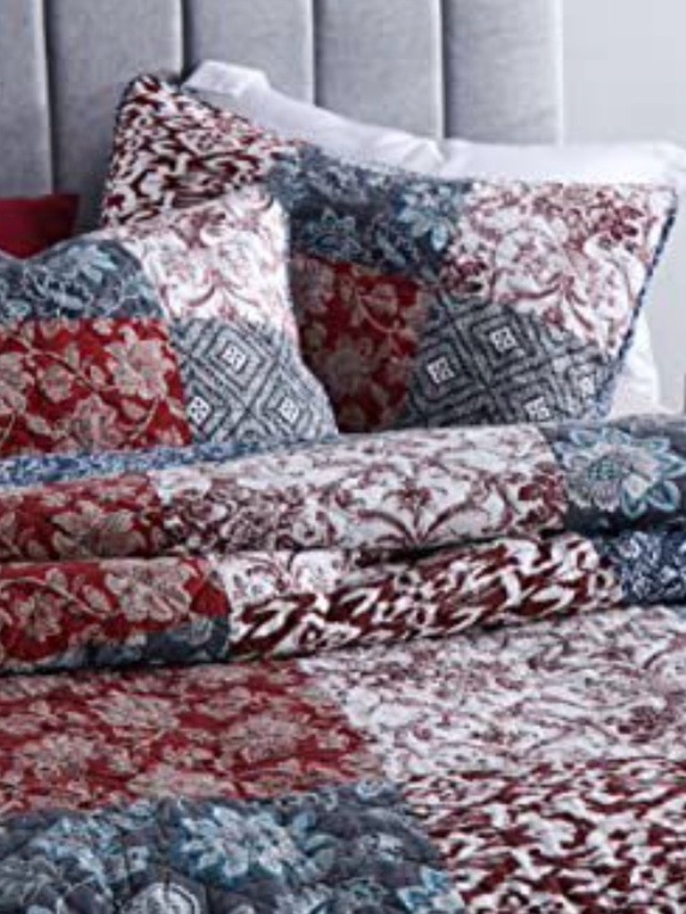 Patchwork Floral & Geometric Quilt Set in Red, Blue and Gray - Picture 6 of 9